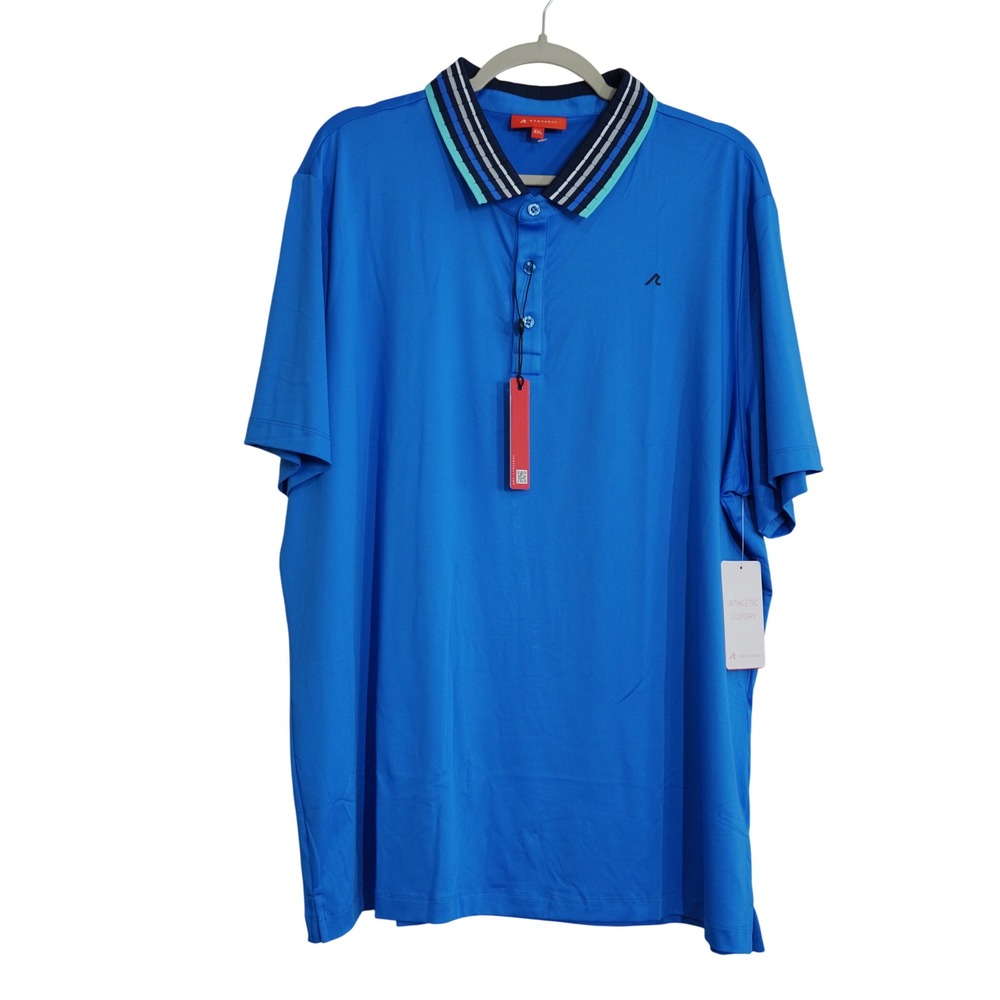 Redvanly Men XXL NWT Blue Striped Collar Short Sleeve Golf Polo Athletic Luxury‎